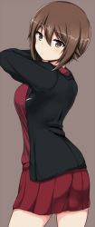 Rule 34 | 10s, 1girl, arms up, black jacket, blush, breasts, brown background, brown eyes, brown hair, closed mouth, commentary request, cowboy shot, female focus, girls und panzer, hair between eyes, jacket, kuromorimine military uniform, legs apart, lock heart (juuryokudou), long sleeves, looking at viewer, looking to the side, medium breasts, nishizumi maho, open clothes, open jacket, pleated skirt, red shirt, red skirt, shirt, short hair, simple background, skirt, solo, standing, thighs