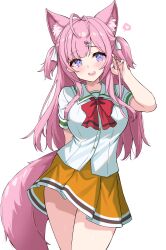 1girl adjusting_hair alternate_costume animal_ear_fluff animal_ears antenna_hair arm_behind_back blush bow bowtie breasts collared_shirt commentary_request cowboy_shot hair_ornament hair_ribbon hairclip hakui_koyori heart heart_hair_ornament highres hololive kibihimi large_breasts long_hair looking_at_viewer open_mouth pink_hair pleated_skirt purple_eyes red_bow red_bowtie ribbon school_uniform shirt simple_background skirt smile solo spoken_heart tail teeth two_side_up upper_teeth_only virtual_youtuber white_background white_ribbon white_shirt wolf_ears wolf_girl wolf_tail yellow_skirt
