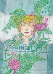 1boy blonde_hair casey_parris closed_eyes closed_mouth colored_eyelashes commentary cryostasis_pod english_commentary eyelashes flower kyokugen_dasshutsu kyokugen_dasshutsu_adv:_zennin_shibou_desu leaf lips male_focus pink_flower quark_(kyokugen_dasshutsu) short_hair sleeping solo tumblr_username watermark web_address