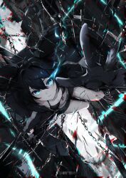 Rule 34 | 1girl, absurdres, belt, bikini, black gloves, black hair, black rock shooter, black rock shooter (character), black shorts, blue eyes, breaking, chain, flaming eye, gloves, highres, long hair, no shirt, pale skin, shorts, solo, swimsuit, tokyo (1421), twintails, uneven twintails