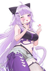 ahoge alternate_hair_length alternate_hairstyle animal_ears armpit_peek asymmetrical_legwear belt belt_buckle black_belt black_choker black_shirt blush bow bow_legwear breasts buckle cat_ears cat_girl cat_hair_ornament cat_tail choker cleavage clothing_cutout collarbone commentary_request contrapposto cowboy_shot crop_top dot_nose eyelashes fellatio_gesture fingernails fishnet_thighhighs fishnets grey_shorts hair_ornament hands_up heart heart_cutout heart_hair_ornament highres hololive index_finger_raised kyo_se layered_shirt long_hair looking_at_viewer nail_polish navel nekomata_okayu nekomata_okayu_(personya_respect) one_eye_closed open_clothes open_fly open_shorts pointing pointing_at_self purple_bow purple_eyes purple_hair purple_nails purple_shirt purple_tail purple_thighhighs shirt shorts simple_background sleeveless sleeveless_shirt stomach tail thighhighs tongue tongue_out torn_clothes torn_shirt torn_shorts triangle_hair_ornament very_long_hair white_background