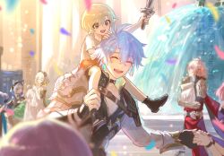2boys 2girls aglaea_(honkai:_star_rail) animal_ears antenna_hair armor black_choker black_gloves black_shirt blonde_hair cape carrying cat_ears cat_girl cat_tail choker cipher_(honkai:_star_rail) clawed_gauntlets closed_eyes coat commentary dress fingerless_gloves fountain gloves highres holding holding_unworn_clothes holding_unworn_dress honkai:_star_rail honkai_(series) hood hood_up laurel_crown multiple_boys multiple_girls mydei_(honkai:_star_rail) neck_tattoo outdoors parted_bangs pauldrons phainon_(honkai:_star_rail) red_cape shirt short_hair shoulder_armor shoulder_carry single_glove single_pauldron sun_symbol sun_tattoo sword tail tan tanemaki_monaka tattoo unworn_dress weapon white_coat white_dress white_hair wooden_sword yellow_eyes