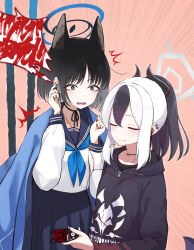 2girls ^^^ absurdres animal_ears artistic_error black_choker black_eyes black_hair black_hoodie black_horns black_nails blue_archive blue_necktie blue_sailor_collar blue_skirt cat_ears cat_tail cellphone choker closed_eyes closed_mouth commentary_request demon_horns ear_piercing earphones emphasis_lines extra_ears hair_between_eyes halo haori highres holding holding_phone hood hoodie horns japanese_clothes kayoko_(blue_archive) kikyou_(blue_archive) long_sleeves multicolored_hair multiple_girls multiple_tails necktie open_mouth phone piercing ponytail sailor_collar school_uniform shared_earphones shiroiurushi shirt short_hair skirt smartphone standing tail two-tone_hair white_hair white_shirt