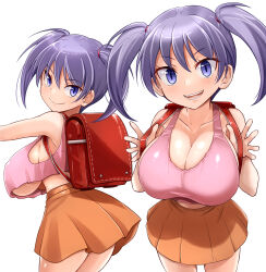 1girl absurdres backpack bag blue_eyes breasts cleavage closed_mouth highres huge_breasts jabaku-chan kitayama_miuki large_breasts long_hair looking_at_viewer looking_back midriff_peek miniskirt multiple_views oppai_loli orange_shirt orange_skirt original pink_tank_top purple_hair randoseru shirt simple_background skirt smile tank_top twintails underboob white_background