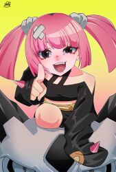 1girl bandaid bandaid_hair_ornament bare_shoulders black_eyes black_shirt blunt_ends blush coral_(pokemon) crop_top eyelashes fang gen_3_pokemon glalie gradient_background hair_ornament hand_on_another&#039;s_head highres looking_at_viewer nintendo nose_blush off_shoulder open_mouth petako05201 pink_hair pointing pointing_at_viewer pokemon pokemon_(anime) pokemon_(creature) pokemon_horizons shirt signature simple_background sleeves_past_wrists solo twintails yellow_background