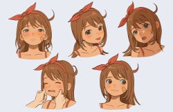 1girl :d absurdres bare_shoulders blush brown_hair closed_eyes closed_mouth collarbone dark_skin hairband highres looking_at_viewer multiple_expressions multiple_views open_mouth original pout reference_sheet ribbon smile smug striped_background striped_ribbon tears tongue tongue_out wonemie