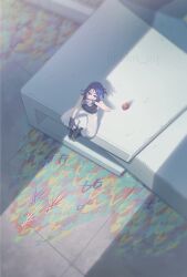 Rule 34 | 1boy, apple, artist name, blue hair, blush, commentary request, ekn gq, food, from above, fruit, full body, gloves, graffiti, gundam, gundam gquuuuuux, highres, holding spray can, male focus, mecha, mobile suit, multicolored hair, pants, purple hair, red eyes, robot, rx-78-2 gundam, science fiction, short hair, shuji ito, sitting, sleeveless, solo, spray can, spray paint, tank top, twitter username, two-tone hair, watermark