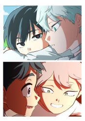 Rule 34 | 2boys, alien stage, black eyes, black hair, choker, commentary, green eyes, grey hair, highres, ivan (alien stage), looking at another, male focus, multiple boys, oekakizukiyaro, open mouth, red pupils, short hair, smile, till (alien stage), very short hair, white choker