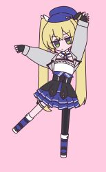 Rule 34 | 1girl, blonde hair, blue hat, channel (caststation) (style), dokibird (vtuber), dokibird (vtuber) (retro doki), dress, fingerless gloves, gloves, green eyes, hat, highres, indie virtual youtuber, jacket, long hair, long sleeves, looking at viewer, parody, pink background, pinkkybutter, simple background, solo, style parody, twintails, virtual youtuber, zako (vocaloid)