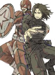 2boys animification belt black_belt black_bodysuit black_boots black_gloves black_hair blue_eyes bodysuit boots bucky_barnes clenched_hand commentary_request cowboy_shot facial_hair fingernails floating_hair gloves helmet highres holding holding_shield looking_at_another looking_to_the_side lq_xkr male_focus marvel marvel_cinematic_universe multiple_boys open_mouth pocket prosthesis prosthetic_arm red_bodysuit red_guardian_(marvel) shield short_hair simple_background single_glove smile standing star_(symbol) superhero_costume teeth v-shaped_eyebrows what_if...?_(disney+) white_background white_belt white_boots winter_soldier