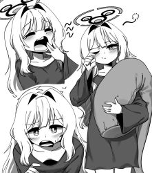 Rule 34 | 1girl, black pajamas, blue archive, blush, body pillow, breasts, collarbone, cowboy shot, downblouse, fey (whitepaper), from above, hare (blue archive), hare (pajamas) (blue archive), highres, holding, holding pillow, long hair, looking at viewer, messy hair, monochrome, narrowed eyes, one eye closed, open mouth, pajamas, pillow, rubbing eyes, shirt, simple background, small breasts, squinting, standing, sweatdrop, white background, white hair, yawning