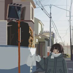 Rule 34 | 1girl, absurdres, black hair, blush stickers, building, coat, ghost, gloves, highres, kyora san, no lineart, open mouth, original, outdoors, power lines, scarf, sheet ghost, sky, solid oval eyes, traffic mirror, white gloves, white scarf