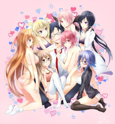 1boy 6+girls :t arimura_hinae ass black_bow black_bra black_hair black_jacket black_legwear black_pants blonde_hair blue_eyes blue_hair bow bow_bra bra breasts brown_hair chaos;child chaos;child_love_chu_chu!! cleavage collarbone dress_shirt floating_hair glasses grin hair_between_eyes hair_bow hair_over_one_eye hair_ribbon hand_in_own_hair harem head_tilt high_ponytail highres jacket kazuki_hana kunosato_mio kurusu_nono lab_coat large_breasts long_hair looking_at_viewer medium_breasts minamisawa_senri miyashiro_takuru multiple_girls necktie nude onoe_serika open_clothes open_jacket open_mouth panties pants parted_bangs pink_background pink_bra pink_hair pink_panties ponytail purple_bra purple_eyes red-framed_eyewear red_eyes red_neckwear red_ribbon ribbon semi-rimless_eyewear shirt short_hair sideboob smile thighhighs twintails under-rim_eyewear underwear underwear_only very_long_hair white_bow white_bra white_legwear white_panties white_ribbon white_shirt yakku yamazoe_uki