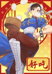 1girl bamboo_steamer blue_dress boots bracelet breasts brown_eyes brown_hair brown_pantyhose bun_cover capcom china_dress chinese_clothes chinese_commentary chun-li double_bun dress food hair_bun highres jewelry knee_boots lace-up_boots leg_up pantyhose puffy_short_sleeves puffy_sleeves short_hair short_sleeves solo spiked_bracelet spikes standing standing_on_one_leg steamed_bun street_fighter white_boots yumi_xsh