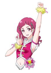 1girl absurdres arm_up armpits blush cosplay crop_top cure_yell cure_yell_(cosplay) dated green_ribbon hair_ribbon highres hugtto!_precure magical_girl medium_hair midriff navel nono_hana open_mouth pink_eyes pink_hair pink_shirt precure ribbon shirt smile solo sozan twitter_username upper_body white_background wrist_cuffs