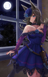 1girl animal_ears blue_dress blue_flower blue_hat blue_rose blush breasts brown_hair closed_mouth collarbone commentary_request dagger dress feet_out_of_frame flower full_moon grey_eyes hair_over_one_eye hand_up hat hat_flower highres horse_ears horse_girl horse_tail indoors knife long_hair long_sleeves moon nail_polish night night_sky off-shoulder_dress off_shoulder pink_nails pleated_dress rice_shower_(umamusume) rose sheath sheathed sky sleeves_past_wrists small_breasts smile solo standing tail tilted_headwear umamusume very_long_hair weapon window yumibakama_meme