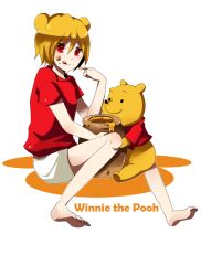 1boy animal_ears blonde_hair disney honey humanization looking_at_viewer male_focus open_mouth personification red_eyes shirt short_hair short_sleeves simple_background smile solo trudy0816 winnie_the_pooh