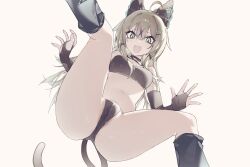 1girl :d absurdres against_glass ahoge alternate_costume black_bow black_bra black_bridal_gauntlets black_panties black_socks blush bow bra breasts bridal_gauntlets cameltoe cat_tail feet_out_of_frame from_below genshin_impact glass green_eyes grey_hair hair_between_eyes hair_bow highres kirara_(genshin_impact) long_hair looking_at_viewer navel open_mouth panties partially_visible_vulva simple_background slit_pupils small_breasts smile socks solo tail underwear white_background yexinhan