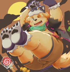 Rule 34 | animal ears, animal hands, animal hat, animal shoes, artist name, black shirt, brown pants, bulge, candy, commentary request, cu sith (housamo), dog boy, dog ears, dog nose, dog tail, fake claws, floppy ears, food, full moon, green scarf, halloween, halloween costume, hat, lollipop, mioki, moon, official alternate costume, one eye closed, open mouth, pants, pawpads, scarf, shirt, smile, tail, tokyo houkago summoners, torn clothes, torn shirt
