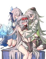 3girls absurdres arknights black_bloomers black_gloves bloomers blue_dress blue_eyes blue_petals blue_ribbon blush breasts bun_cover cleavage closed_eyes commentary_request dated double_bun dress feathered_wings feathers gaoling_gangqin gloves goggles goggles_on_head gradient_clothes gradient_dress hair_bun hair_petal hanfu head_wings highres hug long_hair long_sleeves mulberry_(arknights) mulberry_(plant_crude_drug)_(arknights) mulberry_(reflection_that_of_the_moons)_(arknights) multiple_girls official_alternate_costume one_eye_closed parted_lips qixiong_ruqun ribbon see-through_clothes see-through_sleeves sleeves_past_fingers sleeves_past_wrists small_breasts smile underwear very_long_hair very_long_sleeves white_feathers white_hair white_wings wings