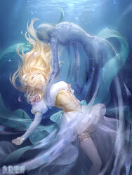 2girls aqua_bow artist_request back_bow blonde_hair bow closed_eyes copyright_name dappled_sunlight dress feet_out_of_frame floating_clothes floating_hair flower frilled_dress frills game_cg hair_flower hair_ornament hands_on_another&#039;s_shoulders highres juliet_sleeves light_particles light_rays lily_(flower) lips logo long_dress long_hair long_sleeves miracle_nikki multiple_girls nikki_(series) official_art parted_lips pink_flower pink_lips puffy_sleeves queen_nanari sunlight thighhighs third-party_source underwater wavy_hair white_dress white_flower white_thighhighs yellow_corset