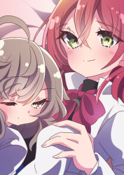 2girls ahoge assault_lily bed_sheet black_shirt blush bow bowtie closed_mouth commentary_request green_eyes grey_hair hair_between_eyes half-closed_eye hatsukano_you herensuge_girls_academy_school_uniform holding_hands honkawa_works jacket long_hair long_sleeves looking_at_viewer lying lying_on_person multiple_girls on_back on_stomach one_eye_closed open_clothes open_jacket poorly_drawn red_bow red_bowtie red_hair sasaki_ran school_uniform shirt sleepy sleeves_past_fingers sleeves_past_wrists smile upper_body white_jacket yellow_eyes yuri