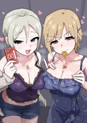 2girls absurdres aiba_yumi blue_dress blue_shorts blush box breasts brown_hair cleavage collarbone commission condom condom_box condom_wrapper crop_top dress grey_hair heart highres holding holding_box idolmaster idolmaster_cinderella_girls jewelry large_breasts looking_at_viewer mouth_hold multiple_girls necklace ohgi910 pixiv_commission shiomi_syuko short_hair short_shorts shorts smile steam