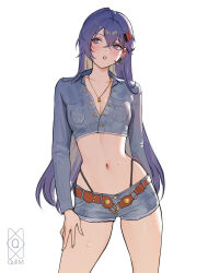 1girl absurdres alternate_hair_length alternate_hairstyle belle_(zenless_zone_zero) belt blue_eyes blue_hair blue_shirt blush breasts brown_belt cleavage crop_top crossed_bangs denim denim_shorts green_nails hair_ornament highres jewelry long_hair medium_breasts navel necklace open_belt quilm shirt short_shorts shorts simple_background solo stomach thighs unbuckled very_long_hair white_background zenless_zone_zero zzz