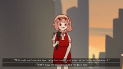 Rule 34 | 1girl, blonde hair, collared shirt, commentary, english text, eyewear on head, flandre scarlet, fourth wall, highres, holding, holding microphone, mary janes, microphone, one side up, pointy ears, puffy short sleeves, puffy sleeves, red eyes, red skirt, red vest, shirt, shoes, short hair, short sleeves, silhouette, skirt, socks, stage, stage lights, stool, symbol-only commentary, touhou, vest, white shirt, wings, yoruny