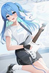 1girl absurdres black_gloves black_shoes black_shorts blue_eyes blue_hair blush commentary_request earrings electric_guitar fender_stratocaster fingerless_gloves floating_hair glint gloves green_ribbon guitar hair_between_eyes hair_ribbon highres holding holding_guitar holding_instrument hololive hoshimachi_suisei instrument jewelry long_hair looking_at_viewer microphone music nanase_nayumu open_mouth playing_instrument ribbon shirt shoes shorts side_ponytail smile sneakers socks solo standing standing_on_one_leg star_(symbol) star_in_eye sweat symbol_in_eye t-shirt twitter_username virtual_youtuber white_shirt white_socks