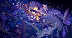 1girl absurdres bare_shoulders black_tiara bug butterfly castorice_(honkai:_star_rail) elbow_gloves flower gloves highres honkai:_star_rail honkai_(series) insect looking_at_viewer pointy_ears purple_butterfly purple_eyes purple_hair skavenprime smile solo tiara