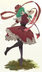 1girl absurdres black_pantyhose bow commission dress frilled_dress frills front_ponytail full_body green_eyes green_hair hair_ribbon highres kagiyama_hina looking_at_viewer no_shoes pantyhose pixiv_commission red_bow red_dress red_ribbon ribbon shimiya_jin smile solo standing standing_on_one_leg touhou