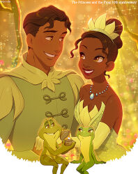 1boy 1girl anniversary blurry blurry_background cape couple dark-skinned_female dark_skin dress dual_persona elbow_gloves frog frog_boy frog_girl gloves hetero jewelry kiri_futoshi looking_at_another necklace plant prince_naveen strapless strapless_dress the_princess_and_the_frog tiana_(the_princess_and_the_frog) tiara vines