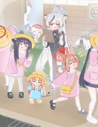 6+girls ? absurdres backpack bag binoculars black_dress black_hair black_horns black_shoes blue_archive blue_dress blue_halo blunt_bangs braid braided_hair_rings chibi clipboard closed_eyes commentary_request doodle_sensei_(blue_archive) dress grey_hair grey_halo hair_bobbles hair_ornament hair_rings halo hat highres holding holding_binoculars holding_clipboard horns horuhara kayoko_(blue_archive) kindergarten_uniform kisaki_(blue_archive) kisaki_(kindergarten_uniform)_(blue_archive) kokona_(blue_archive) korean_commentary long_hair long_sleeves mari_(blue_archive) multicolored_hair multiple_girls neck_ribbon no_nose open_mouth orange_hair pink_dress pleated_skirt red_halo ribbon rumi_(blue_archive) rumi_(small)_(blue_archive) sailor_collar school_hat sensei_(blue_archive) shoes shun_(blue_archive) skirt sleeves_past_wrists slippers socks standing streaked_hair sweatdrop tongue tongue_out twig twintails v-shaped_eyebrows very_long_hair white_ribbon white_sailor_collar white_socks yellow_halo yellow_hat yellow_slippers