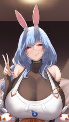 1girl animal_ears apron aster_crowley blue_hair blush braid braided_ponytail breasts highres hololive huge_breasts light_blue_hair long_hair long_sleeves looking_at_viewer mature_female pekomama rabbit_ears rabbit_girl short_eyebrows smile solo thick_eyebrows virtual_youtuber
