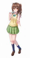 Rule 34 | 1girl, :q, absurdres, alternate costume, alternate hairstyle, blue socks, bow, bowtie, brown hair, brown shoes, commentary, fingernails, food, full body, green bow, green bowtie, green skirt, highres, holding, holding food, holding popsicle, kneehighs, loafers, looking at viewer, plaid clothes, plaid skirt, pleated skirt, popsicle, sainan high school uniform, school uniform, shoes, simple background, skirt, smile, socks, solo, summer uniform, sweater vest, to love-ru, tomioka (r2czw), tongue, tongue out, two side up, v, white background, yellow eyes, yellow sweater vest, yuuki mikan