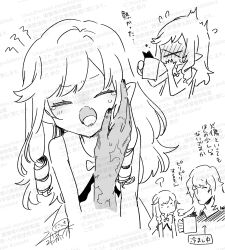 &gt;_&lt; 1boy 1girl :o arrow_(symbol) bare_arms bare_shoulders blush closed_eyes coffee cup curse_maker curse_maker_1 doctor_magus doctor_magus_4 dress etrian_odyssey fang greyscale hand_on_another&#039;s_face highres holding holding_cup long_hair monochrome mug nikki_kyousuke nose_blush open_mouth ringlets shirt signature simple_background sleeveless sleeveless_dress tears very_long_hair watermark white_background