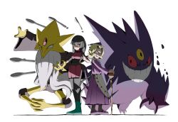 Rule 34 | 2girls, agatha (pokemon), alakazam, apron, black hair, blonde hair, blunt bangs, bodysuit, bodysuit under clothes, breasts, cane, closed mouth, crop top, dress, gen 1 pokemon, gengar, grin, highres, holding, holding cane, long hair, looking at viewer, mega alakazam, mega gengar, mega pokemon, multiple girls, nintendo, old, old woman, open mouth, pantyhose, pencil skirt, pokemon, pokemon (creature), pokemon frlg, pokemon lgpe, psaber97, purple dress, purple eyes, red eyes, sabrina (pokemon), shadow, short hair, simple background, skirt, smile, spoon, standing, straight hair, teeth, telekinesis, white apron, white background
