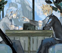 2boys aerith_gainsborough blonde_hair blue_eyes blush closed_eyes cloud_strife cloud_strife_(midgard_seventh_high_school) commentary_request feeding final_fantasy final_fantasy_vii final_fantasy_vii_ever_crisis food grey_hair highres holding holding_spoon incoming_food kv9g7 long_sleeves looking_at_another male_focus multiple_boys open_mouth selfie sephiroth sephiroth_(ever_crisis) sephiroth_(shinra_private_academy) short_hair sitting spiked_hair spoon table taking_picture tifa_lockhart whipped_cream yaoi