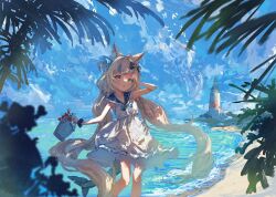 1girl animal_ear_fluff animal_ears beach blonde_hair blue_bow blue_eyes blue_hair blue_ribbon blue_sky blush bow bucket collar collared_dress commentary_request day dress feet_out_of_frame film_grain fins fish_tail floating_hair fluffy_hair frilled_collar frills hair_bow hair_ribbon holding holding_bucket impressionism indie_virtual_youtuber koyamanatsu lighthouse long_hair looking_at_viewer multicolored_hair ocean ok_sign ok_sign_over_eye open_mouth outdoors ribbon sameko_saba sand shark_tail short_dress sky sleeveless sleeveless_dress smile solo standing streaked_hair sunlight tail tree twintails very_long_hair virtual_youtuber white_dress
