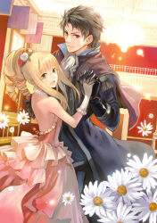 1boy 1girl alicia_licen alternate_hair_color bad_id ballroom banner bare_arms bare_shoulders black_coat black_gloves black_hair blonde_hair brown_cape brown_eyes cape chandelier choker coat daisy dancing dress drill_hair epaulettes flower glasses gloves green_eyes hair_flower hair_ornament height_difference highres holding_hands indoors interlocked_fingers kashburn_licen kishida_mel lamp leaf looking_at_viewer open_mouth pink_dress ponytail railing red_flower red_rose rimless_eyewear rose shinigamihime_no_saikon sleeveless sleeveless_dress smile third-party_source white_choker white_flower white_gloves white_rose yellow_flower