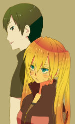 1boy 1girl black_eyes black_hair blonde_hair blue_eyes blush_stickers facial_mark frown genderswap genderswap_(mtf) long_hair naruko_(naruto) naruto_(series) naruto_shippuuden sai smile twintails uzumaki_naruto yuhka