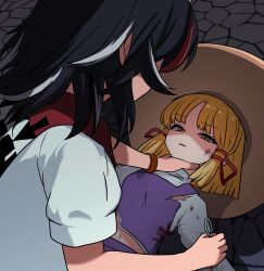 2girls absurdres asphyxiation blonde_hair defeat dirty dirty_clothes dirty_face hands_on_another&#039;s_neck hat highres impossible_spell_card kijin_seija looking_at_another lying monadmandara moriya_suwako multicolored_hair multiple_girls ryona short_hair sweat torn_clothes touhou