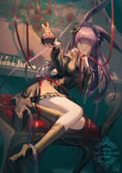 Rule 34 | 1girl, animal ears, arknights, black dress, black nails, black shoes, blunt bangs, brown eyes, commentary, crossed legs, cupcake, dress, fingernails, flower, food, full body, hands up, hemorina, highres, holding, holding food, instrument, kneehighs, licking, licking finger, long hair, long sleeves, on bench, one eye closed, piano, piano bench, purple hair, rabbit ears, red flower, red rose, rope (arknights), rose, shoes, short dress, sitting, smile, socks, solo, tongue, tongue out, v