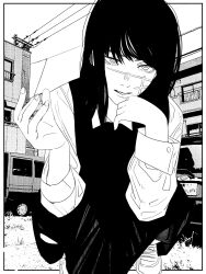 1girl building car chainsaw_man city collared_shirt commentary_request dress fourth_east_high_school_uniform fujimoto_tatsuki_(style) greyscale highres long_hair long_sleeves looking_at_viewer monochrome motor_vehicle nanami_toga outdoors pinafore_dress power_lines ringed_eyes scar scar_on_face school_uniform shirt sleeveless sleeveless_dress solo squatting yoru_(chainsaw_man)