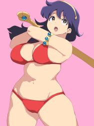 1girl armlet athena_(series) bikini breasts cleavage commentary_request coveredcore cowboy_shot gluteal_fold highres holding holding_sword holding_weapon jewelry large_breasts long_hair navel open_mouth pink_background plump princess_athena purple_hair red_bikini skindentation solo swimsuit swinging_weapon sword thick_thighs thighs weapon yellow_eyes