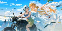 2girls absurdres animal arlecchino_(genshin_impact) arm_up artist_request bare_arms bare_shoulders behind_another bird blue_sky blurry breasts bridal_veil chinese_commentary closed_eyes cloud cloudy_sky collarbone commission contemporary couple dappled_sunlight depth_of_field dress falling_petals feathers female_focus flower frilled_dress frills from_side genshin_impact green_shorts grey_hair grey_shirt hair_between_eyes hair_flowing_over hand_on_another&#039;s_waist happy highres holding holding_flower jewelry large_breasts leaning_forward light_particles liuboyi33444 long_dress long_hair looking_to_the_side low_twintails motion_blur motor_vehicle multicolored_hair multiple_girls necklace oc_x_canon off_shoulder open_mouth orange_hair original outdoors petals pointy_ears red_lips red_pupils riding seagull see-through_clothes see-through_veil shade shirt short_sleeves shorts sitting sky sleeveless sleeveless_shirt streaked_hair sunlight symbol-shaped_pupils too_many too_many_birds twintails two-tone_hair veil water wedding_dress white_dress x-shaped_pupils x_x yuri