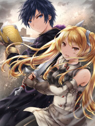 Rule 34 | 1boy, 1girl, alternate eye color, alternate hair color, black robe, blonde hair, blue eyes, blue hair, book, breasts, brown gloves, commentary request, commission, fingerless gloves, fire emblem, fire emblem awakening, floating hair, gloves, grey gloves, highres, holding, holding book, holding sword, holding weapon, hood, hood down, hooded robe, kei (asufend), long hair, male robin (fire emblem), medium breasts, nintendo, pixiv commission, robe, severa (fire emblem), short hair, sword, twintails, very long hair, weapon