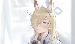1girl animal_ear_fluff animal_ears blonde_hair blue_archive blue_eyes blue_halo blue_shirt blush coffee collared_shirt commentary cup dog_ears dog_girl extra_ears hair_over_one_eye halo highres holding holding_cup kanna_(blue_archive) long_hair losk mug necktie parted_lips shirt sketch_background solo teeth