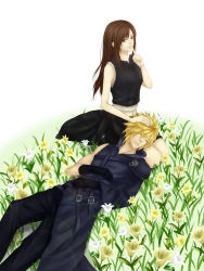 Rule 34 | 00s, 1990s (style), 1boy, 1girl, au, belt, blonde hair, brown eyes, brown hair, cloud strife, couple, final fantasy, final fantasy vii, final fantasy vii advent children, flower, gloves, hetero, short hair, sleeping, tifa lockhart